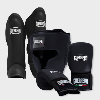 Guantoni Flex Strike Più Caschetto Full Guard E Paratibia Impact Neri in vera pelle | Guerrero
