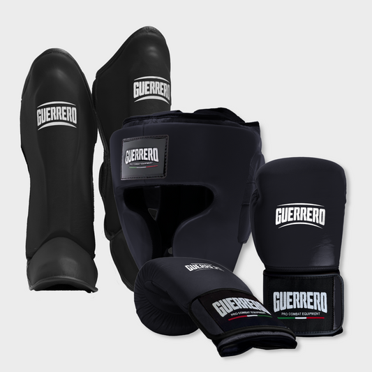 Gants Flex Strike, casque intégral et protège-tibias Impact, noirs, en cuir véritable | Guerrero