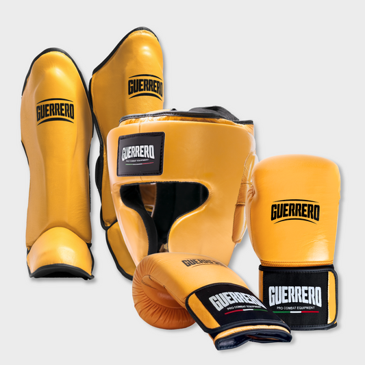 Gants Flex Strike, casque intégral et protège-tibias Impact, dorés, en cuir véritable | Guerrero