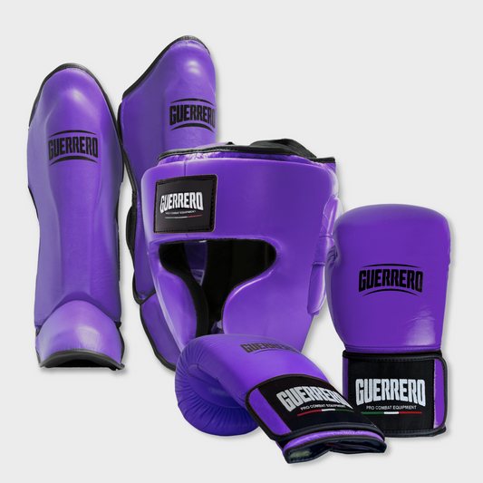 Gants Flex Strike, casque intégral et protège-tibias Impact violets en cuir véritable | Guerrero