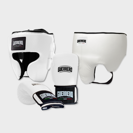 Guantoni Flex Strike Più Caschetto Full Guard E Conchiglia Protettiva Bianchi in vera pelle | Guerrero
