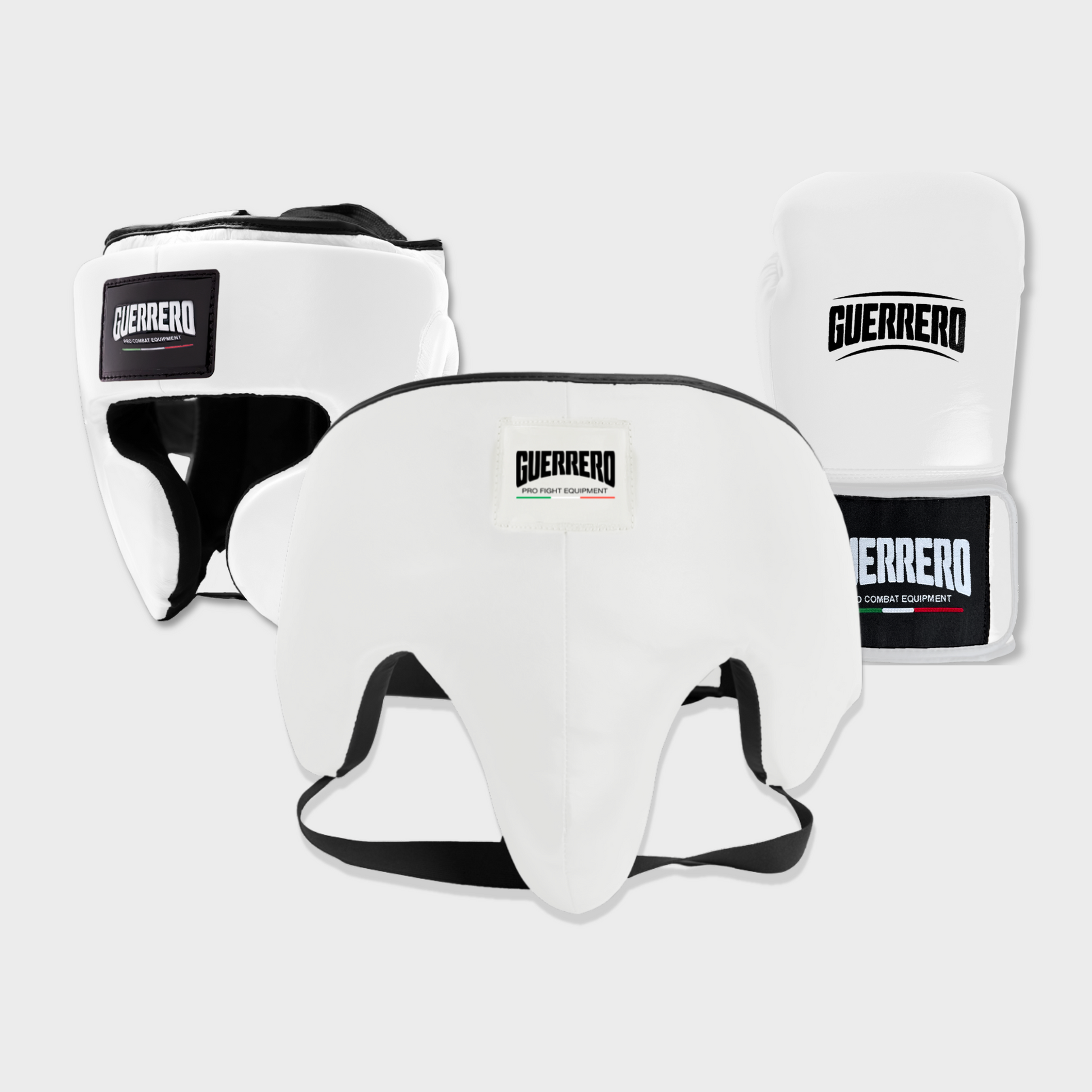 Guantoni Flex Strike Più Caschetto Full Guard E Conchiglia Protettiva Bianchi in vera pelle | Guerrero