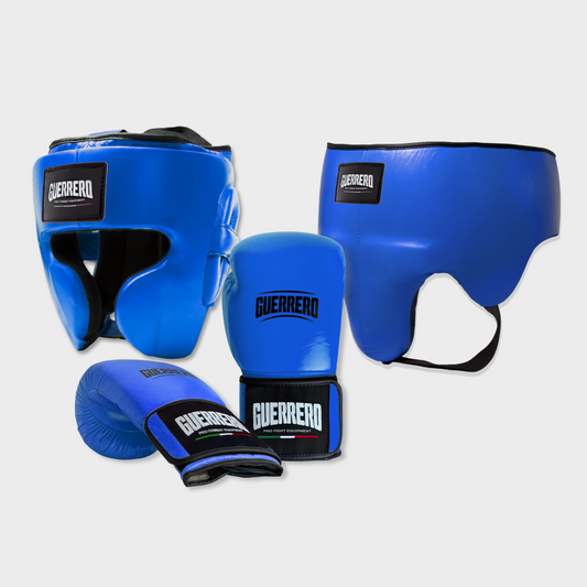 Guantoni Flex Strike Più Caschetto Full Guard E Conchiglia Protettiva Blu in vera pelle | Guerrero