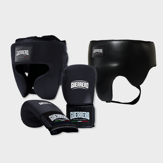 Guantoni Flex Strike Più Caschetto Full Guard E Conchiglia Protettiva Neri in vera pelle | Guerrero