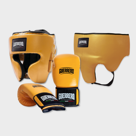 Guantoni Flex Strike Più Caschetto Full Guard E Conchiglia Protettiva Oro in vera pelle | Guerrero