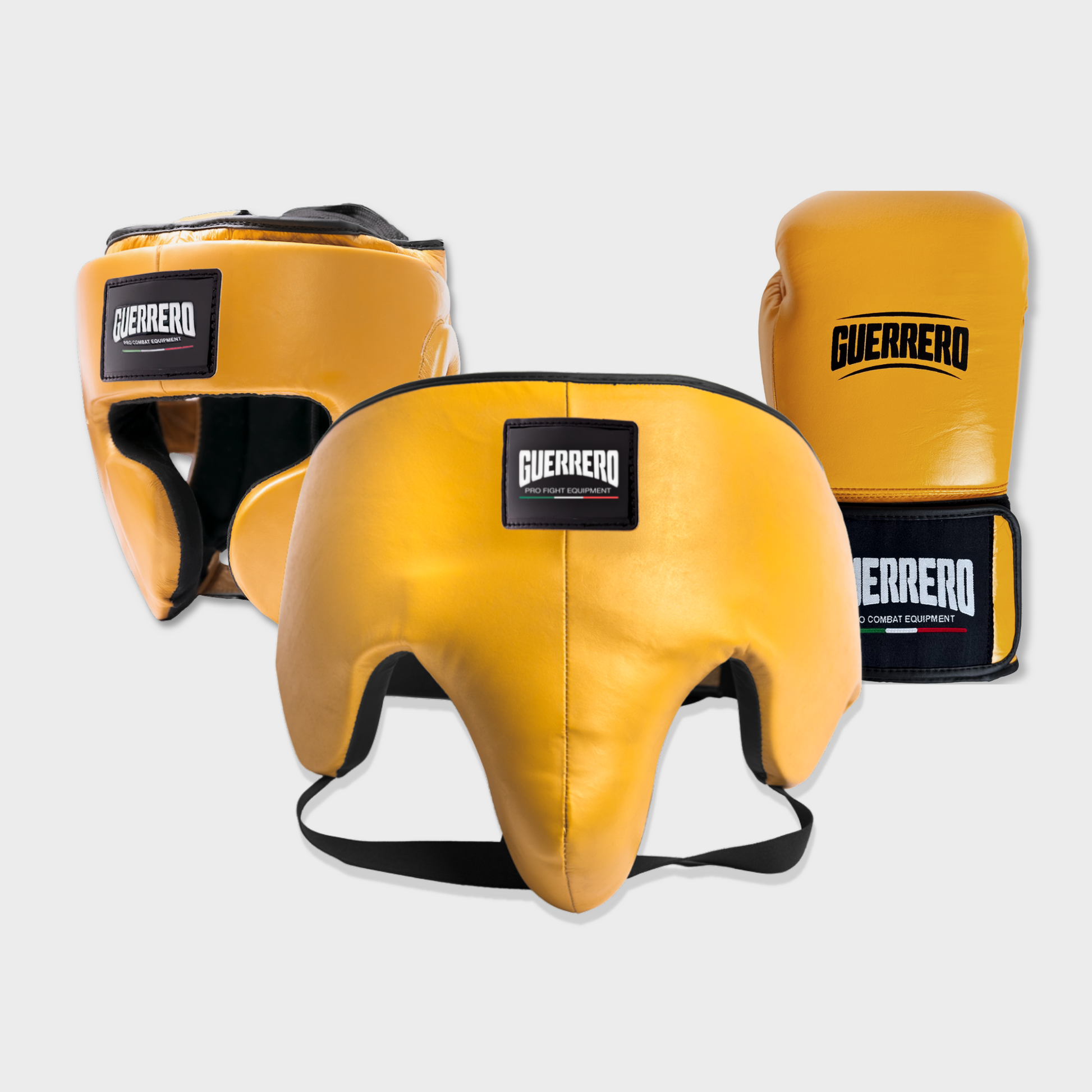 Guantoni Flex Strike Più Caschetto Full Guard E Conchiglia Protettiva Oro in vera pelle | Guerrero