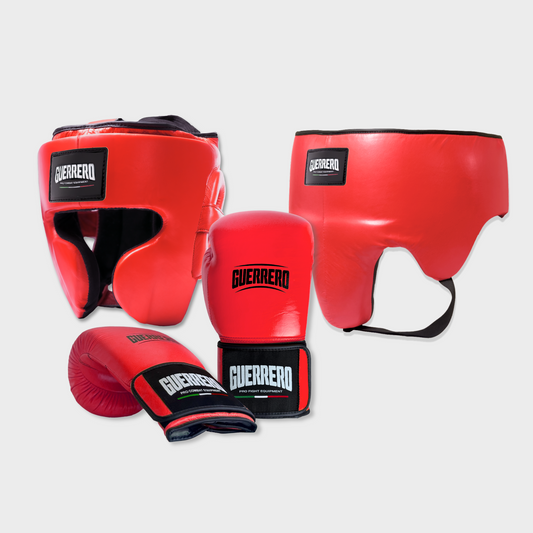 Guantoni Flex Strike Più Caschetto Full Guard E Conchiglia Protettiva Rossi in vera pelle | Guerrero