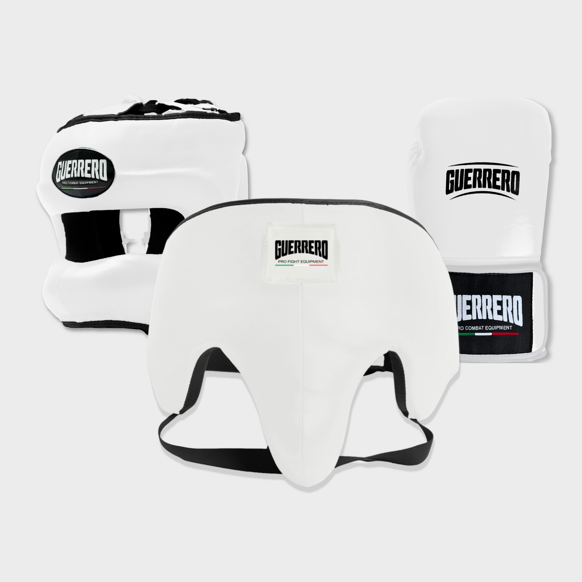 Guantoni Flex Strike Più Caschetto Max Vision e Conchiglia Protettiva Bianchi in vera pelle | Guerrero