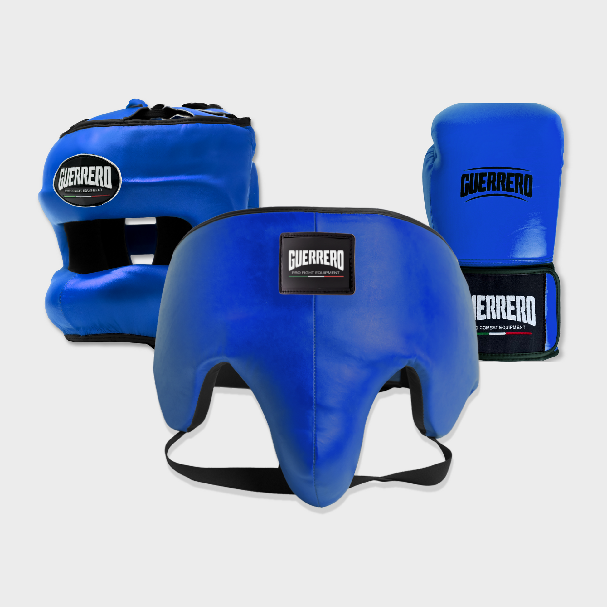 Guantoni Flex Strike Più Caschetto Max Vision e Conchiglia Protettiva Blu in vera pelle | Guerrero