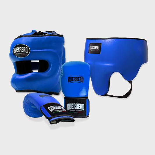 Guantoni Flex Strike Più Caschetto Max Vision e Conchiglia Protettiva Blu in vera pelle | Guerrero