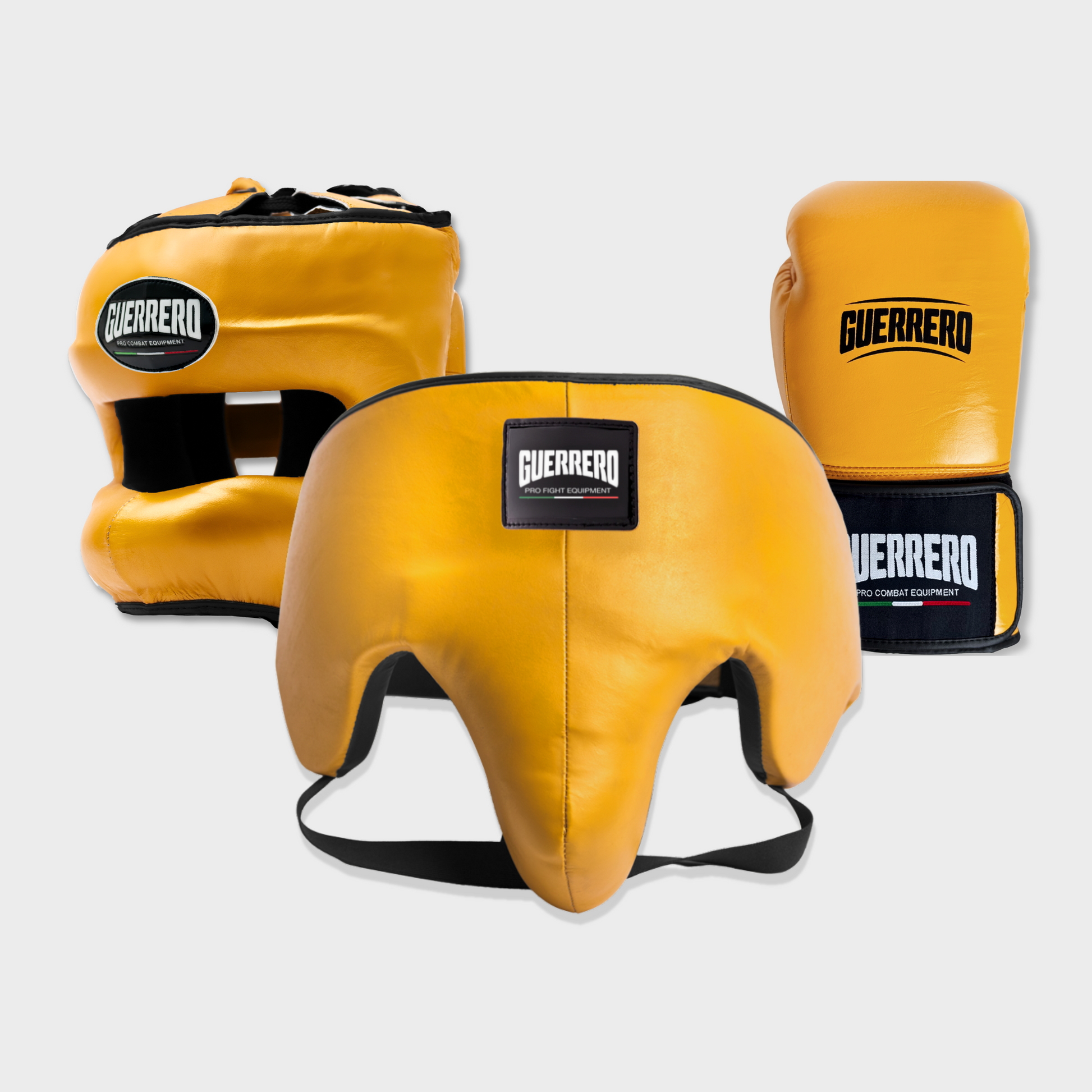 Guantoni Flex Strike Più Caschetto Max Vision E Conchiglia Protettiva Oro in vera pelle | Guerrero