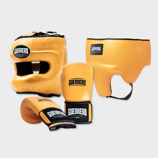 Guantoni Flex Strike Più Caschetto Max Vision E Conchiglia Protettiva Oro in vera pelle | Guerrero