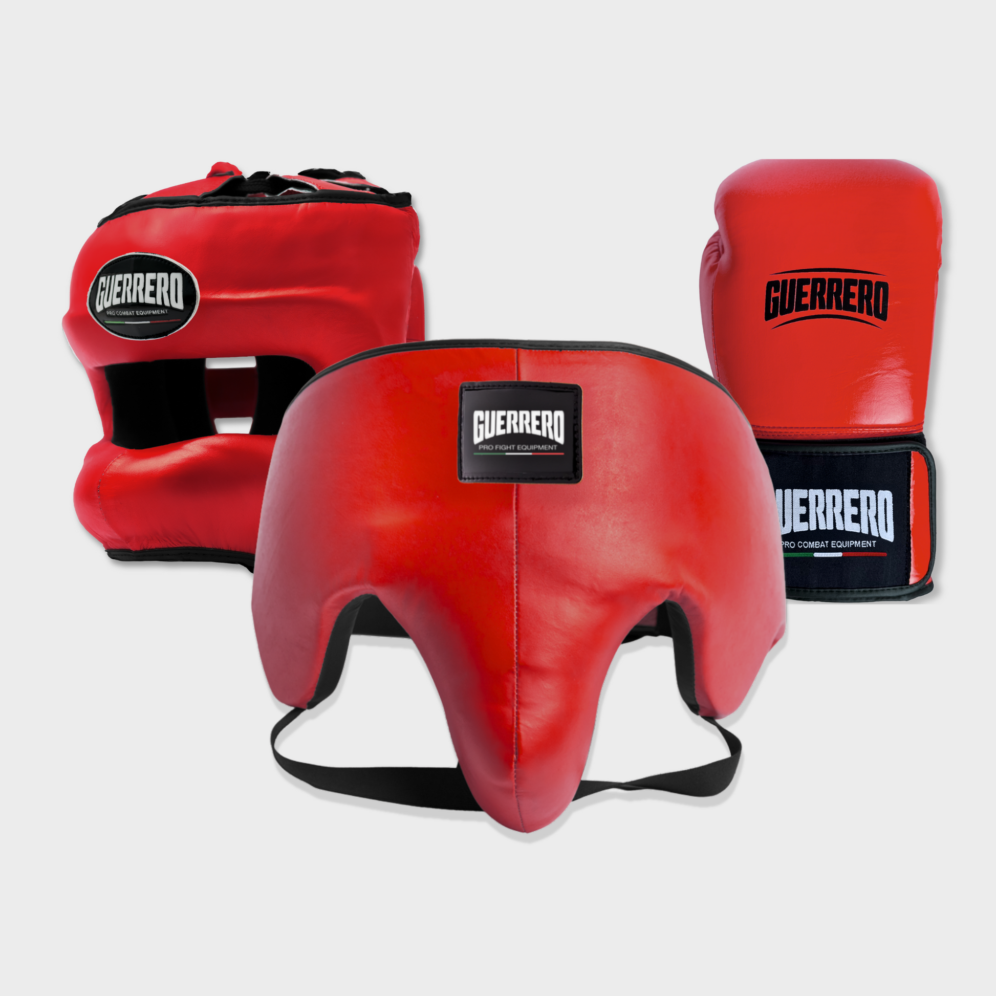 Guantoni Flex Strike Più Caschetto Max Vision e Conchiglia Protettiva Rossi in vera pelle | Guerrero