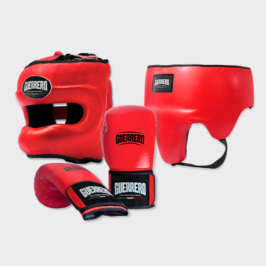 Guantoni Flex Strike Più Caschetto Max Vision e Conchiglia Protettiva Rossi in vera pelle | Guerrero