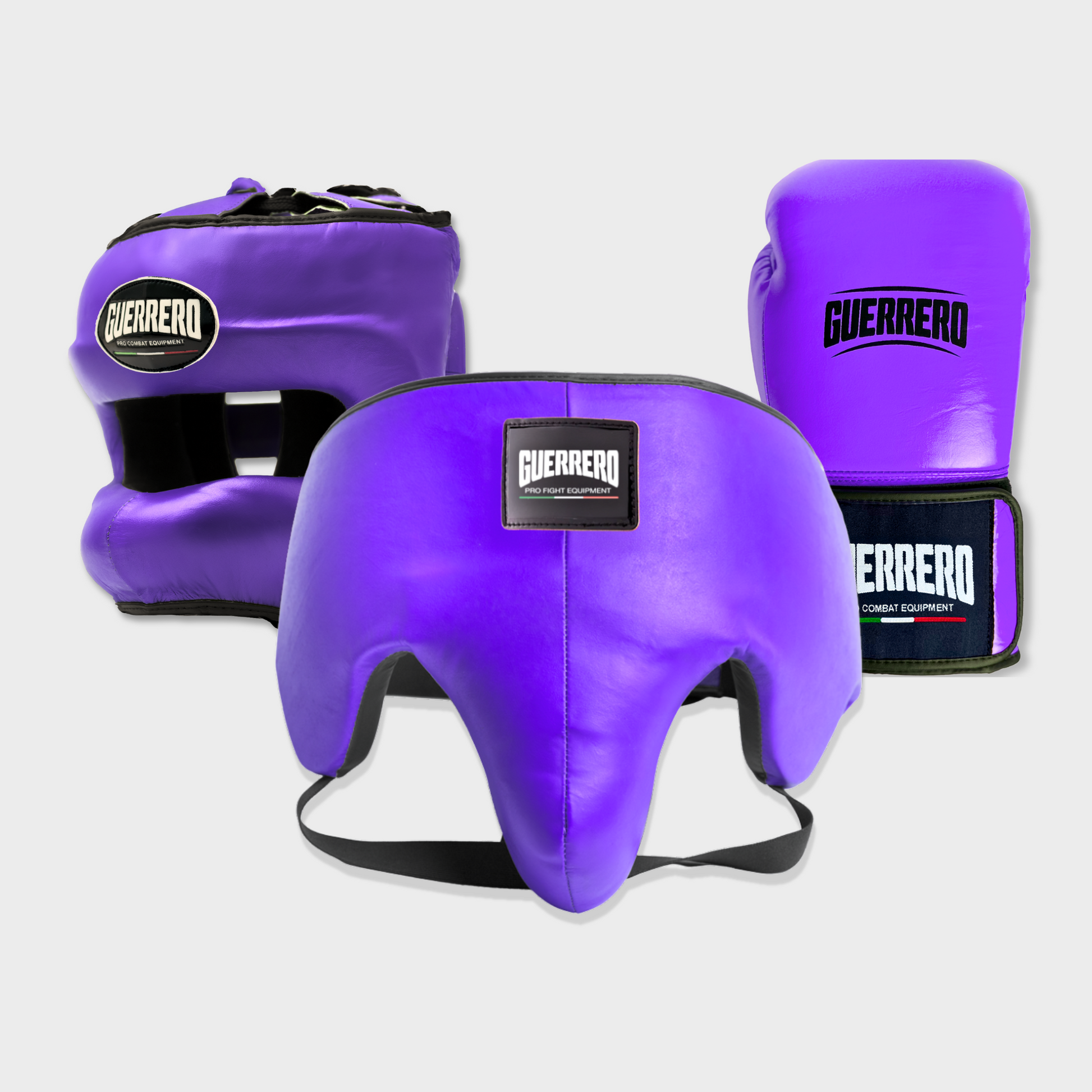 Guantoni Flex Strike Più Caschetto Max Vision e Conchiglia Protettiva Viola in vera pelle | Guerrero