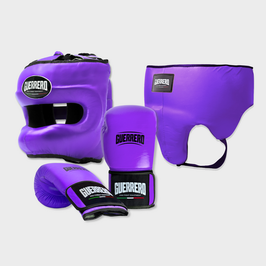 Guantoni Flex Strike Più Caschetto Max Vision e Conchiglia Protettiva Viola in vera pelle | Guerrero