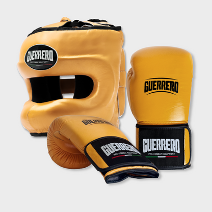 Guantoni Flex Strike Più Caschetto Max Vision Oro in vera pelle | Guerrero