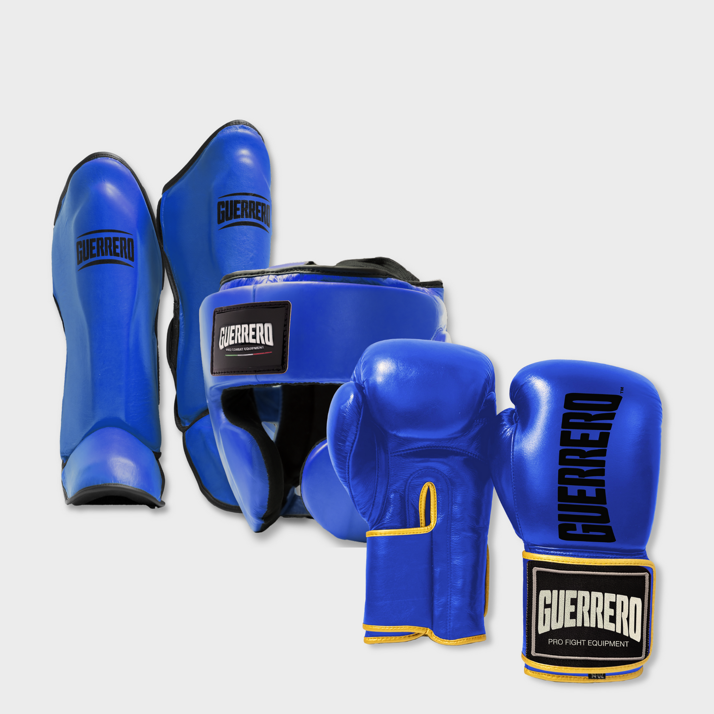Guantoni Titan Più Caschetto Full Guard E Paratibia Impact Blu in vera pelle | Guerrero