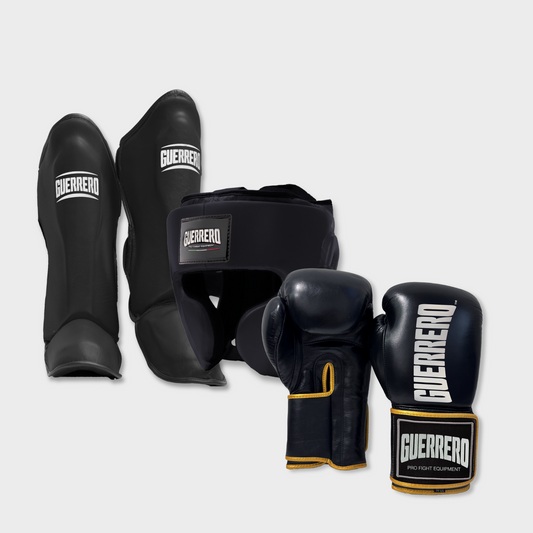 Guantoni Titan Più Caschetto Full Guard E Paratibia Impact Neri in vera pelle | Guerrero