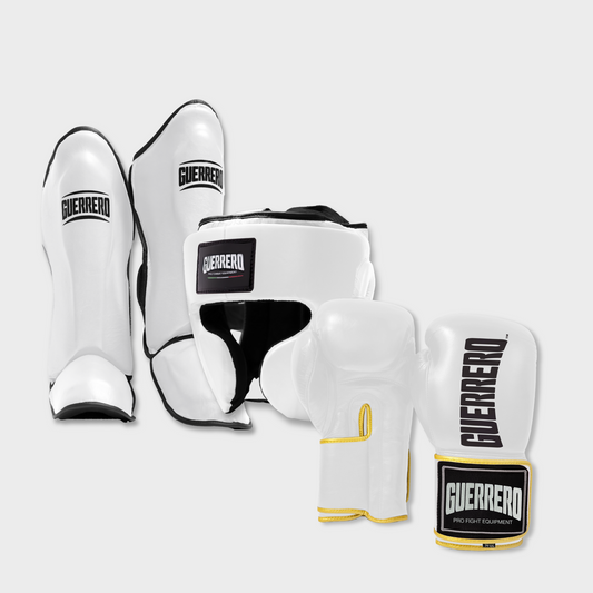 Guantoni Titan Più Caschetto Full Guard E Paratibia Impact Bianchi in vera pelle | Guerrero