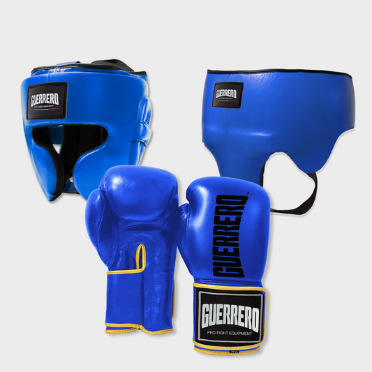 Guantoni Titan Più Caschetto Full Guard E Conchiglia Protettiva Blu in vera pelle | Guerrero