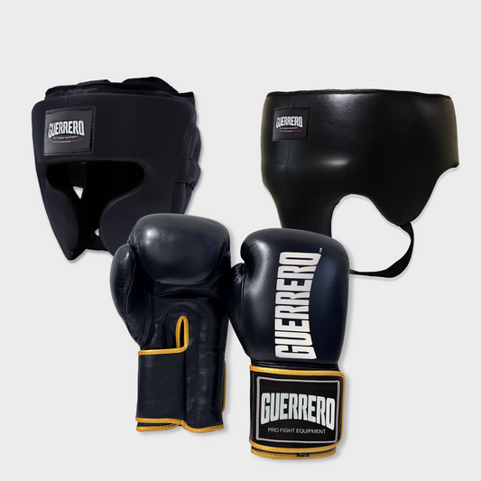Guantoni Titan Più Caschetto Full Guard E Conchiglia Protettiva Neri in vera pelle | Guerrero