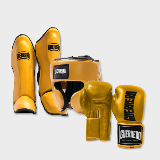 Guantoni Titan Più Caschetto Full Guard E Paratibia Impact Oro in vera pelle | Guerrero