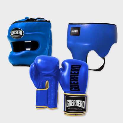 Guantoni Titan Più Caschetto Max Vision e Conchiglia Protettiva Blu in vera pelle | Guerrero
