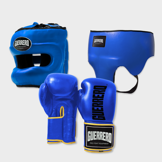 Guantoni Titan Più Caschetto Max Vision e Conchiglia Protettiva Blu in vera pelle | Guerrero