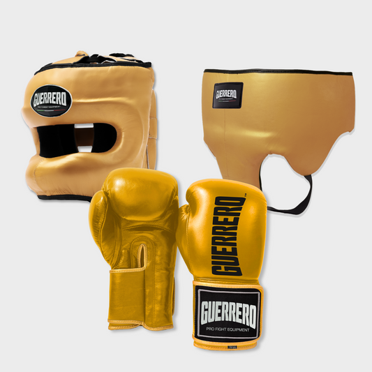 Guantoni Titan Più Caschetto Max Vision e Conchiglia Protettiva Oro in vera pelle | Guerrero